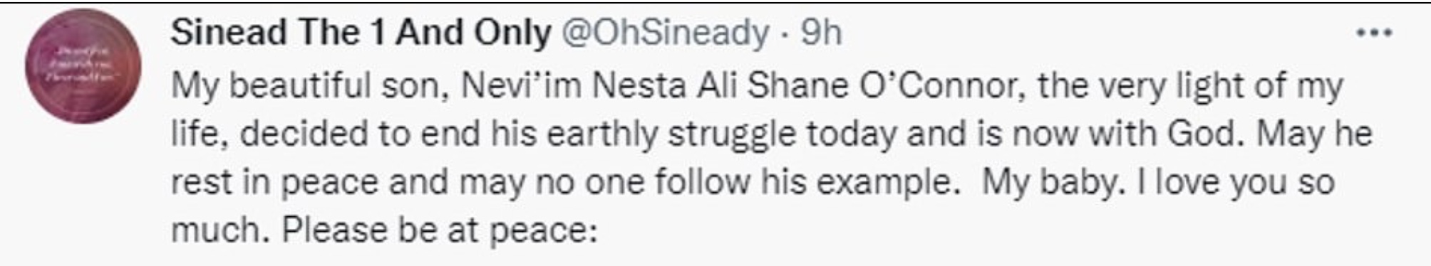 SINEAD’S SON COMMITS SUICIDE